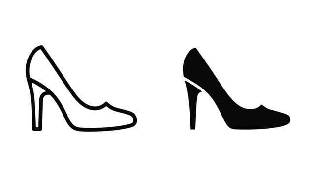 High heel shoe icon in two styles, a clean outline and a solid black silhouette, representing women's fashion, elegance, and footwear design symbol