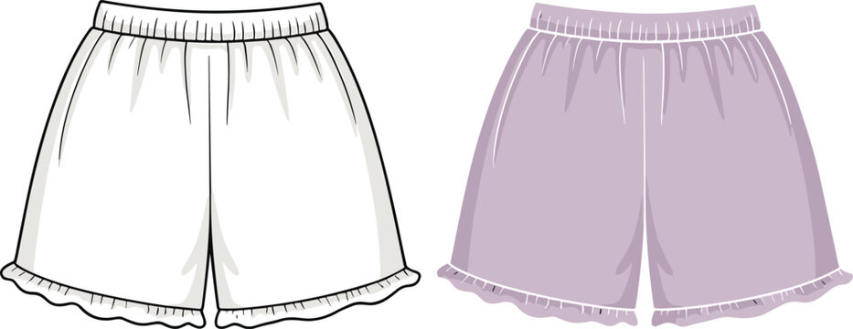 Fashion flat vector of ruffle hem women’s shorts with elastic waistband, front view illustration for apparel design template and catalog