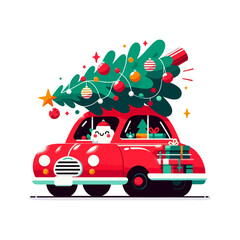 An illustration of a cute red car with a Christmas tree on its roof