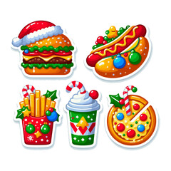 Fast Food collection of french fries, burger, hot dog, drink, pizza İllustration decorated with Christmas and New Year's elements