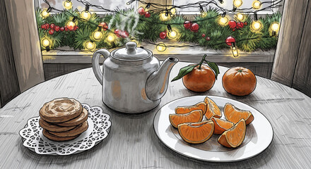 Festive tea party with warmth and joy on the table with tangerines and cookies by the window. Christmas