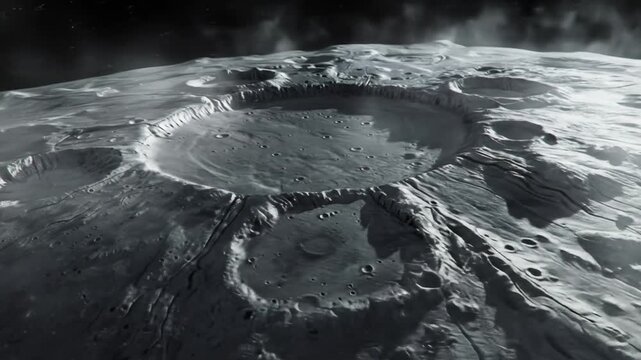 Dramatic view of a large impact crater on a desolate, moon-like alien planet surface. Harsh cosmic landscape, monochrome, space exploration concept.