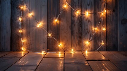 Warm festive fairy lights glow against a rustic wooden background indoors