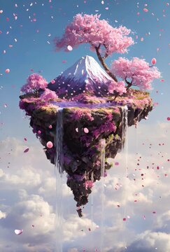 A flying island. A landscape of mountains and spring flowering trees.