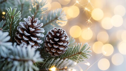 Fototapeta premium Winter Holiday Season Decoration with Pine Cones and Sparkling Lights
