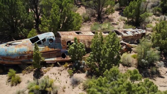 Old abandoned airplane wreckage in arid desert landscape. Decommissioned aircraft fuselage decaying amongst scrub brush and dusty terrain.