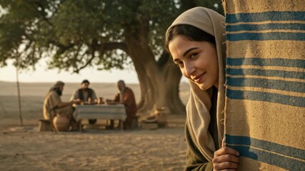 Woman observing men feasting under a tree in biblical times. Hospitality of Abraham and Sarah concept with eastern peoples Old Testament.