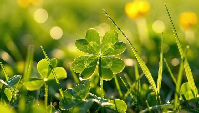 Golden Hour Luck: A Close-up of a Vibrant Four-Leaf Clover Bathed in Sunlight and Dew &ndash; Symbol of Hope and Nature's Beauty