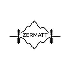 Scenic outline of the Zermatt region featuring mountains, trees, and a winding river in a badge design