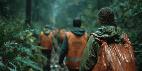 Volunteers engage in garbage collection in lush forest area during community cleanup event