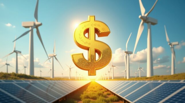 Icono de d&oacute;lar dorado en 3D levitando sobre aerogeneradores y paneles solares