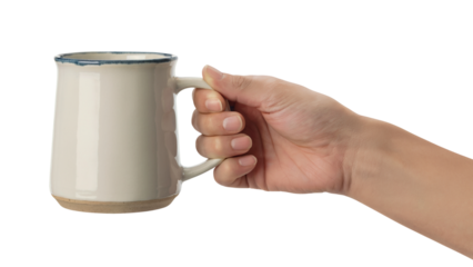 hand holding a white mug ready to drink . Isolated on transparent background, png
