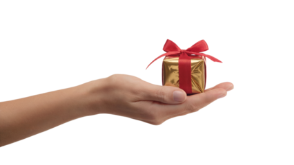 a person holding a gift with red ribbon . Isolated on transparent background, png
