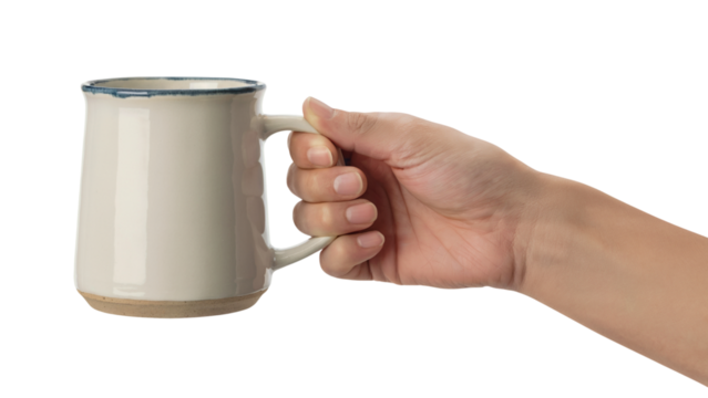 hand holding a white mug ready to drink  . Isolated on transparent background, png