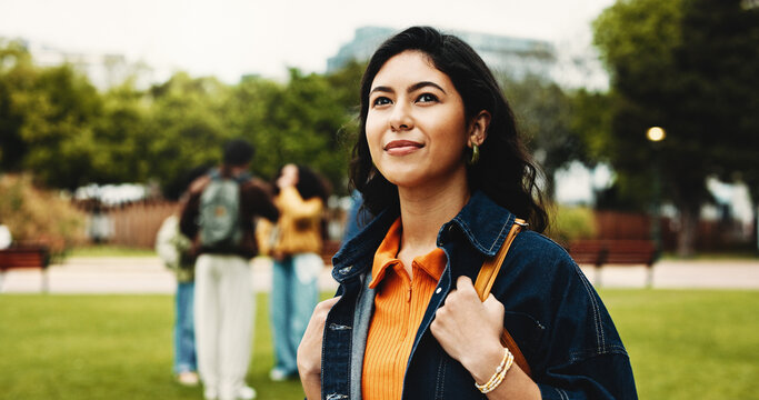 Outdoor, student and woman on campus, thinking and education for skill development, learn or college. Future, reflection and person with scholarship for opportunity, vision and studies at university