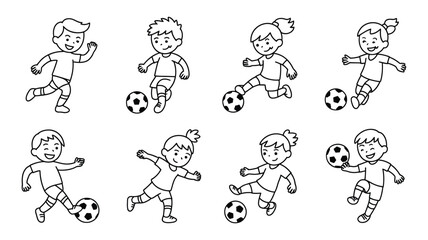 Children playing soccer in various dynamic poses, a line art illustration set depicting active kids engaging in sports, dribbling and kicking the ball.