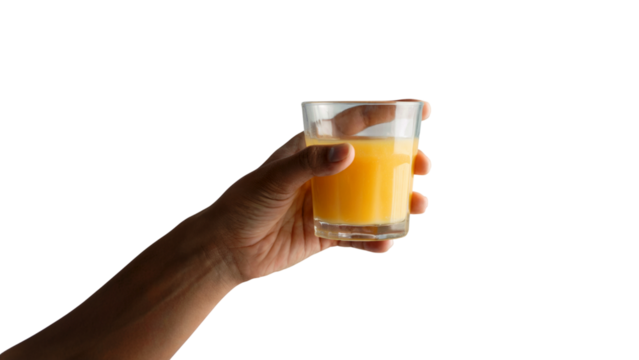 hand holding glass of fresh orange juice . Isolated on transparent background, png