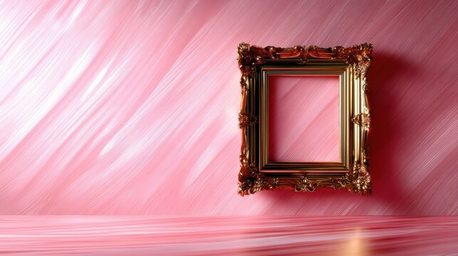 A beautifully ornate golden frame against a soft pink textured background, creating an aesthetic visual appeal and inviting a sense of elegance and artistic sophistication.