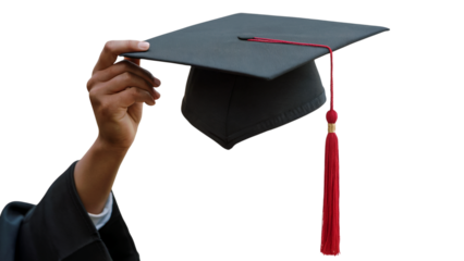 graduate hand holding the graduation cap . Isolated on transparent background, png