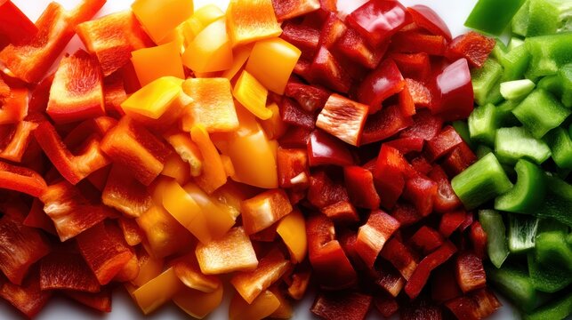 This image showcases an array of vibrant bell peppers in red, yellow, orange, and green, emphasizing freshness and vibrant colors appealing to culinary enthusiasts and health lovers alike.