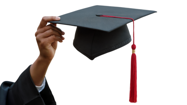 graduate hand holding the graduation cap . Isolated on transparent background, png
