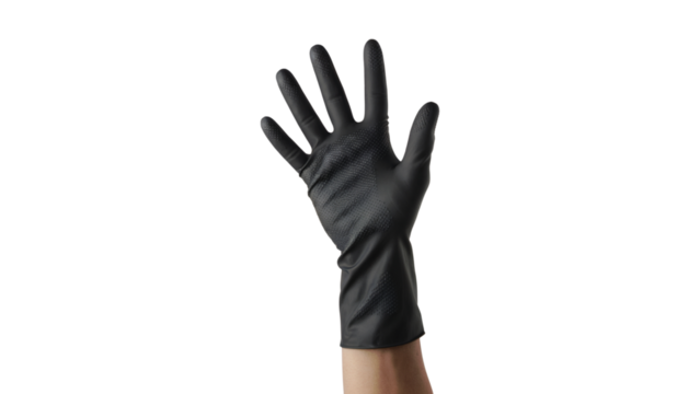 a hand raised wearing a black glove . Isolated on transparent background, png
