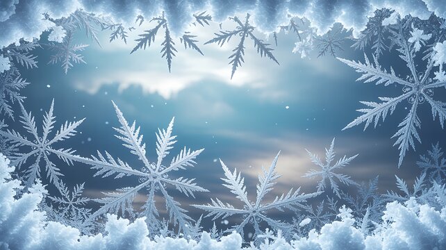 Winter wonderland with frozen snowflakes forming a frame against a cloudy sky