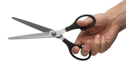 hand holding a pair of sharp scissors . Isolated on transparent background, png