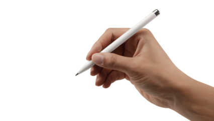 hand holding a pen, ready to write on the unseen page . Isolated on transparent background, png