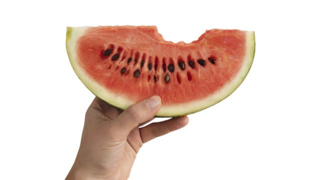 hand holding a juicy watermelon slice with a bite taken . Isolated on transparent background, png - Powered by Adobe