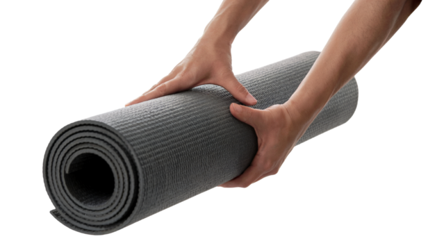 hand rolling yoga mat with focus on healthy lifestyle  . Isolated on transparent background, png