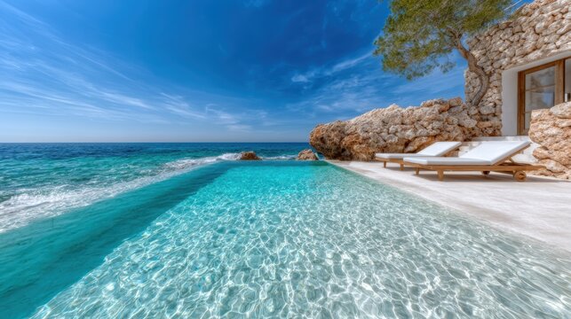 A breathtaking view of an oceanfront infinity pool, combining serene blue waters with rocky natural elements, creating a paradise atmosphere ideal for relaxation and escape.