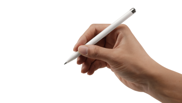 hand holding a pen, ready to write on the unseen page . Isolated on transparent background, png