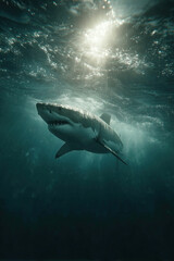 Naklejka premium Shark leaps from ocean water showcasing its hunting prowess in dramatic close up