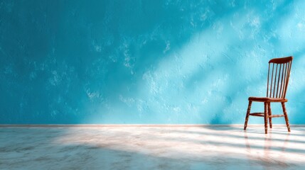This image features a striking turquoise wall with a single wooden chair, creating a sense of solitude and simplicity in a minimalist setting that emphasizes calmness.