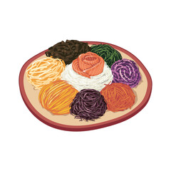 Yusheng, yee sang or Prosperity Toss on red plate.Fresh Salmon with mixed small cut vegetables salad on white background. Asian salad vector illustration. Authentic Chinese food. New year menu. 