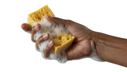 hand holding soapy sponge for cleaning . Isolated on transparent background, png