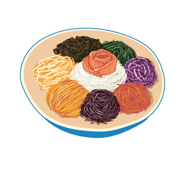 Yusheng, yee sang or Prosperity Toss in blue plate.Fresh Salmon with mixed small cut vegetables salad on white background. Asian salad vector illustration. Authentic Chinese food. New year menu. 
