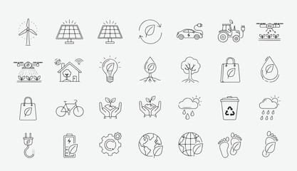 Sustainable Farming and Agriculture Line Icons Set – Organic, Eco-Friendly, and Renewable Vector Collection