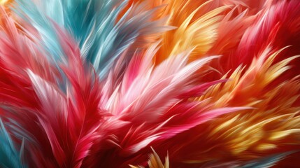 An artistic close-up of colorful, textured feathers in shades of red, orange, blue, and white, showcasing vibrant hues and flowing movement suitable for art enthusiasts and designers.