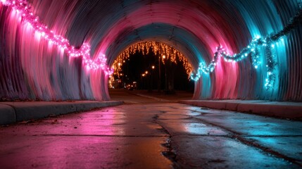 A striking image of an illuminated tunnel adorned with colorful neon lights, creating a contemporary urban aesthetic filled with vibrant reflections and modern energy.
