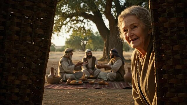 Woman peeking at three men sharing bread and drink under a tree in biblical times. Hospitality and faith in the Old Testament.