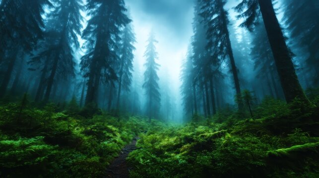 A mystical forest scene enveloped in fog, characterized by tall evergreen trees bathed in a bluish hue, evoking a sense of mystery and tranquility in nature's embrace. - Powered by Adobe