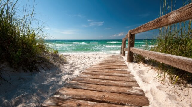 A beautiful wooden boardwalk leads to a serene beach, where gentle waves lap against the shore under a clear blue sky, showcasing nature’s tranquility and beauty.