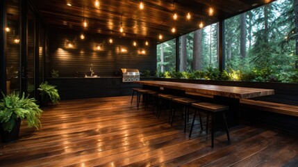 An inviting modern deck featuring a dining space, framed by lush greenery and natural light, inspiring gatherings amidst the beauty and tranquility of the surrounding forest.
