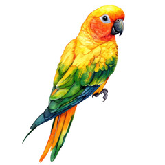 Fototapeta premium A vibrant. colorful parrot perched gracefully. its bright orange and green feathers against a plain white background. ideal for nature-themed projects or educational materials
