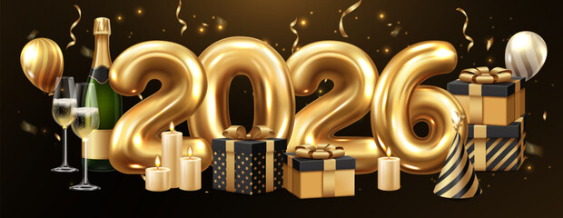 Golden new year 2026 toast illustration realistic