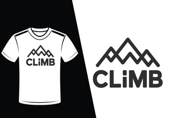 Black mountain logo with word CLIMB on white and black t-shirt mockup climb hiking
