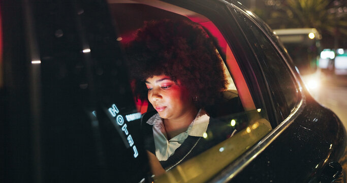 Happy, travel and businesswoman in car at night in city with technology for networking with email. Smile, contact and female person checking project with deadline in vehicle with commute in town. - Powered by Adobe