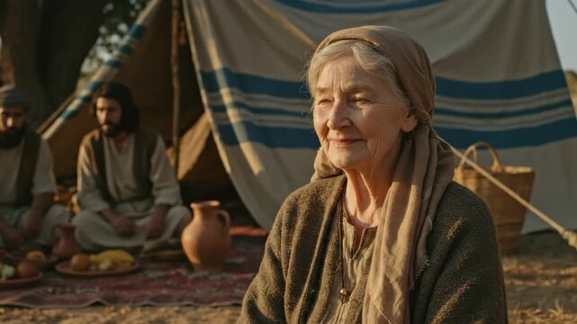 Elderly woman with a serene expression, observing three men gathered around a meal in a biblical setting near a tent.